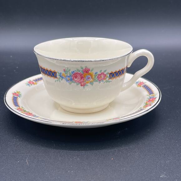 Hall China Co. Blue Bouquet Teacup and Saucer Set - Picture 1 of 5